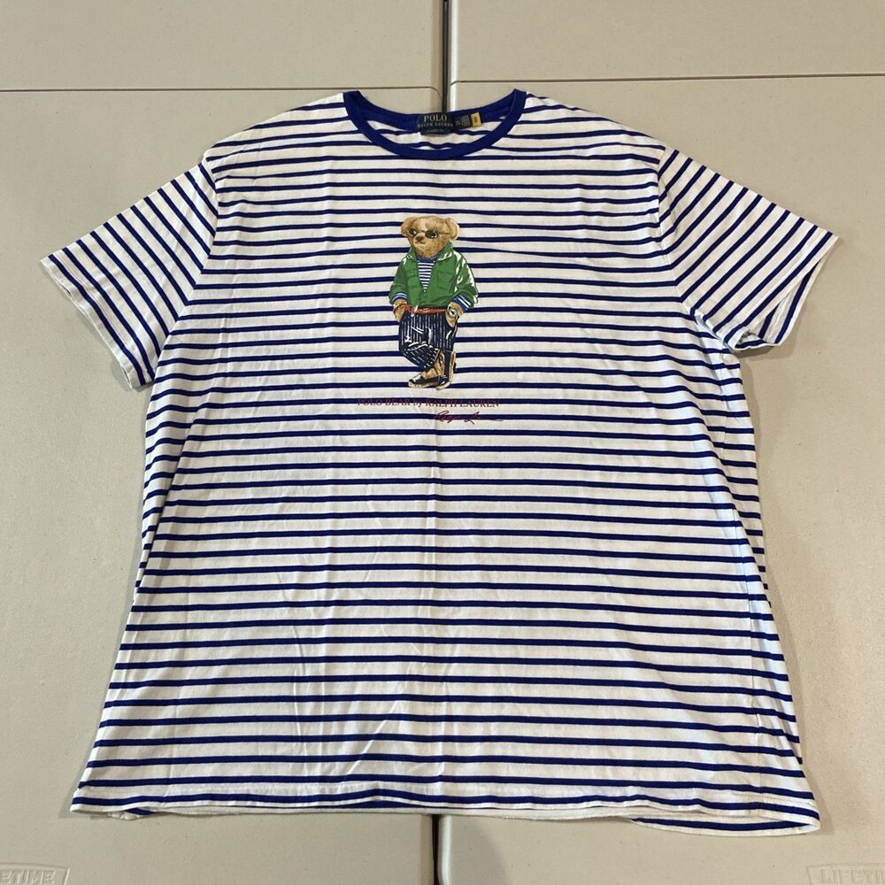 Polo Ralph Lauren Men's Classic Fit Polo Bear Blue/White Striped Tee XXL